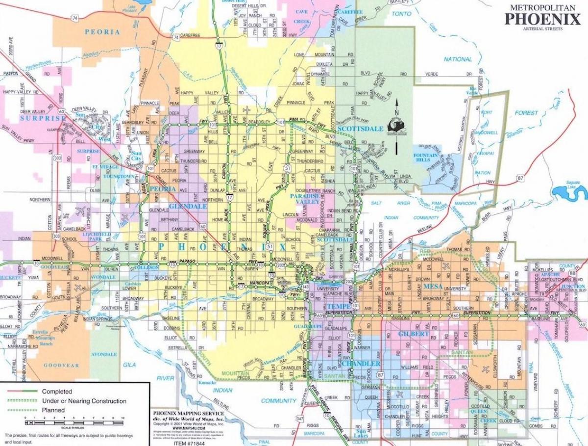 kart over Phoenix Arizona og omkringliggende områder